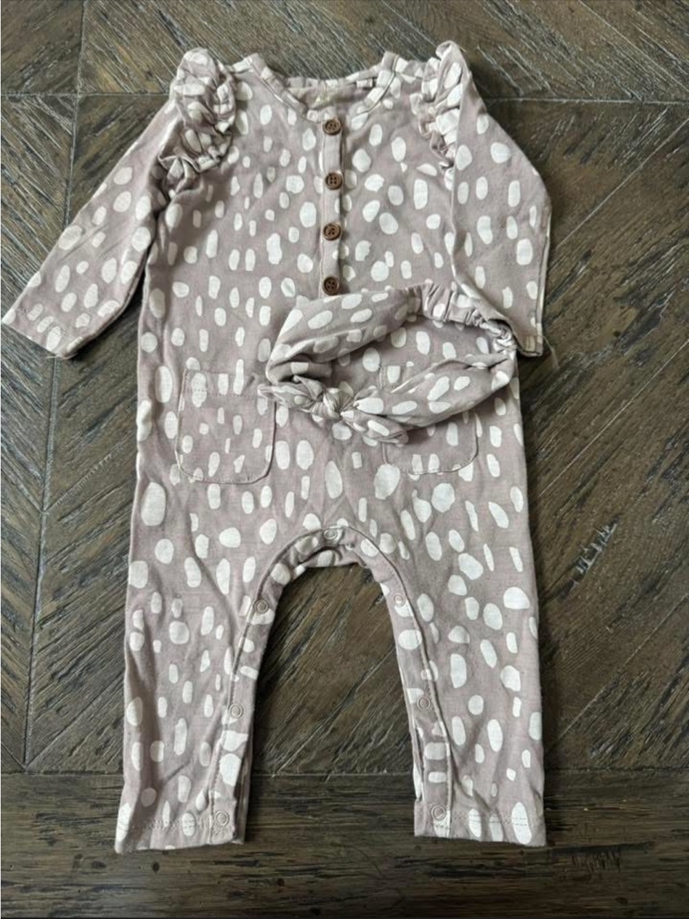 Jessica Simpson Tan Fawn Dot Baby One-Piece with Headband